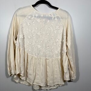 GIGO USA Cream Floral Embroidered Long Sleeve Peasant Blouse Boho Cottage Size L